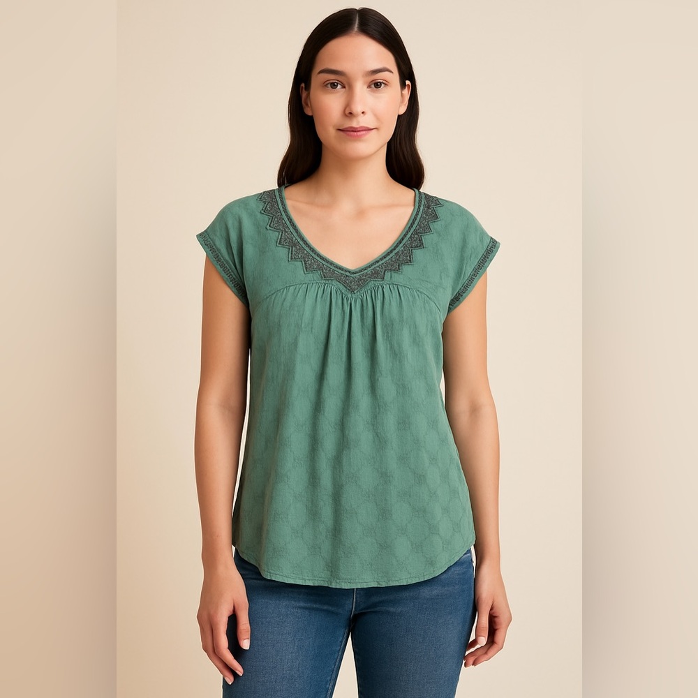 Prana green embroidered short sleeve bohemian size small top